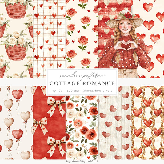Cottage Romance - Valentines Day Seamless Patterns, Cottagecore, Love | 10 JPEG