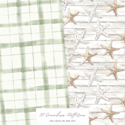 Coastal Serenity - Seamless Patterns, Beach, Neutral, Summer | 10 JPEG