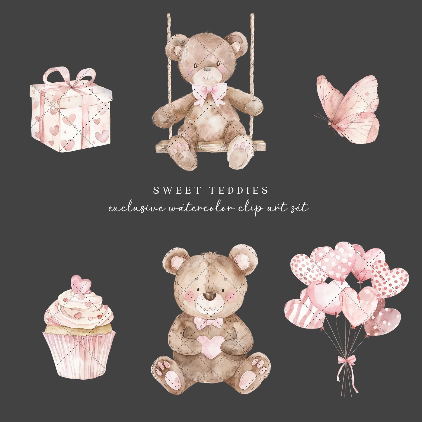 Sweet Teddies - Pink Teddy Bear, Nursery Animal Clipart, Cute Party Invite | 24 PNG