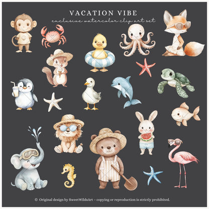 Vacation Vibe - Cute Beach Animals, Ocean Nursery Clipart, Vacation | 60 PNG