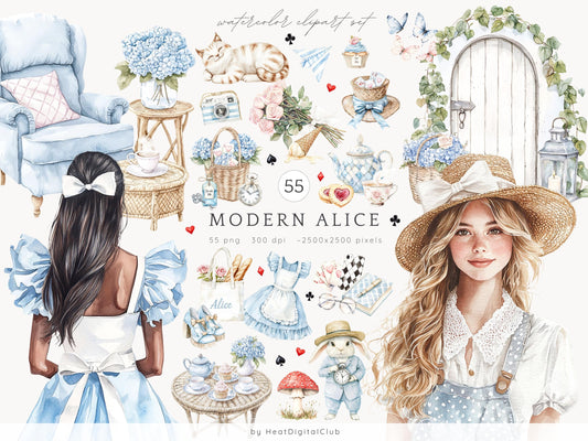 Modern Alice - Clipart, Alice in Wonderland, Cottagecore, Tea Party | 55 PNG