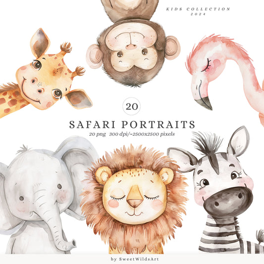 Safari Portraits - Cute Animals Clipart, Baby Animals, Baby Shower, Nursery | 20 PNG