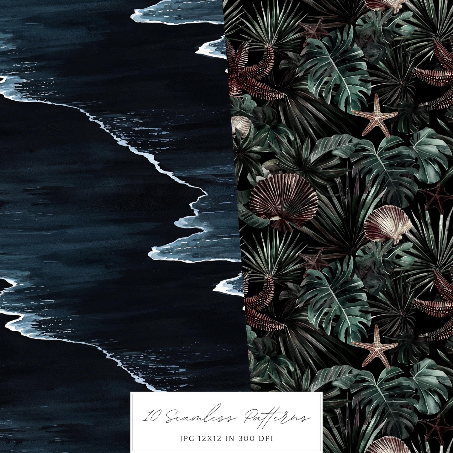 Gothic Summer - Seamless Patterns, Dark Beach, Goth Floral | 10 JPEG