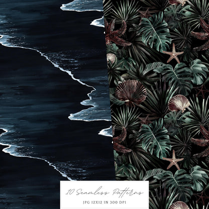 Gothic Summer - Seamless Patterns, Dark Beach, Goth Floral | 10 JPEG