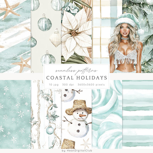 Coastal Holidays - Seamless Patterns, Ocean, Christmas | 10 JPEG