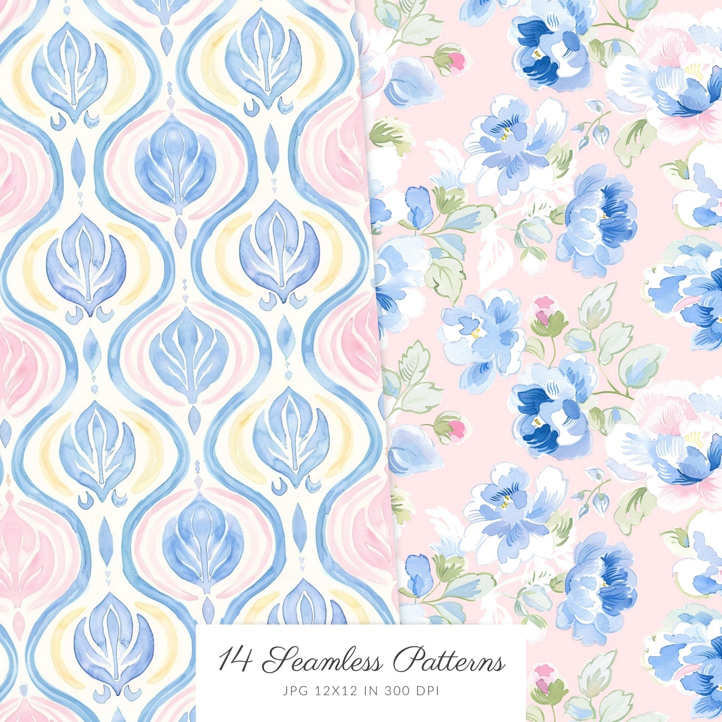 Grandmillennial - Seamless Patterns, Set 2, Pastel Floral, Stripes, Plaid, Glitter | 14 JPEG