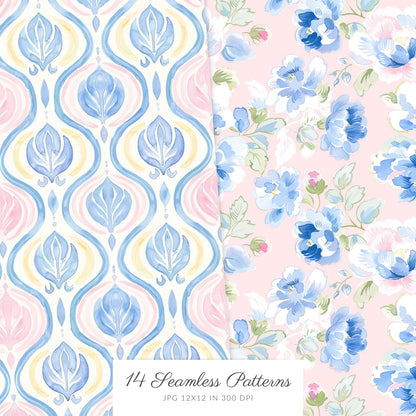 Grandmillennial - Seamless Patterns, Set 2, Pastel Floral, Stripes, Plaid, Glitter | 14 JPEG