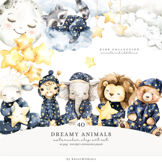 Dreamy Animals - Night Time, Pajama Party, Cute Nursery Animal Clipart | 40 PNG