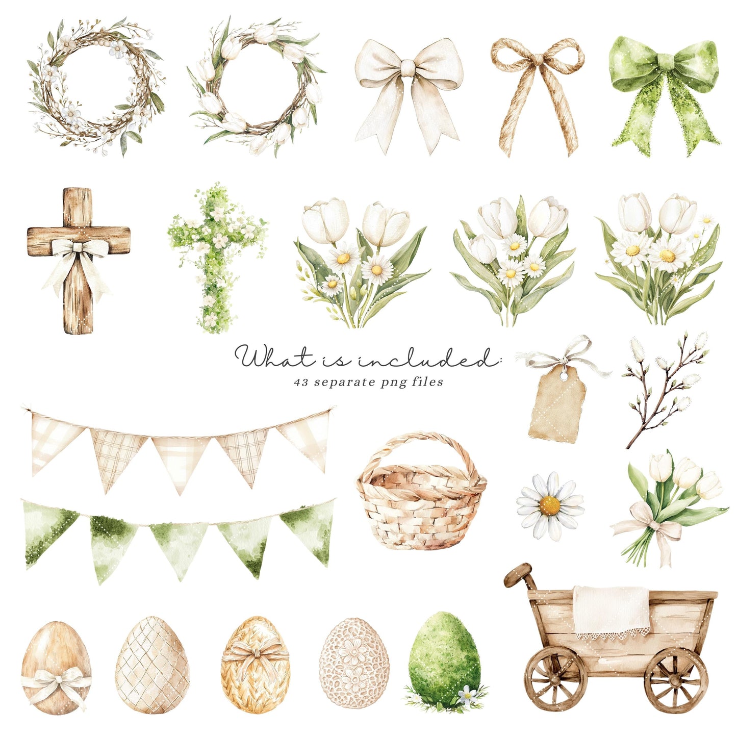 Natural Easter - Cute Easter Clipart, Bunny, Chick, Sheep, Egg, Floral | 43 PNG