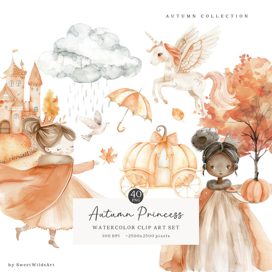 Autumn Princess - Fall Princess Clipart, Unicorn, Pony, Cute Girls | 40 PNG