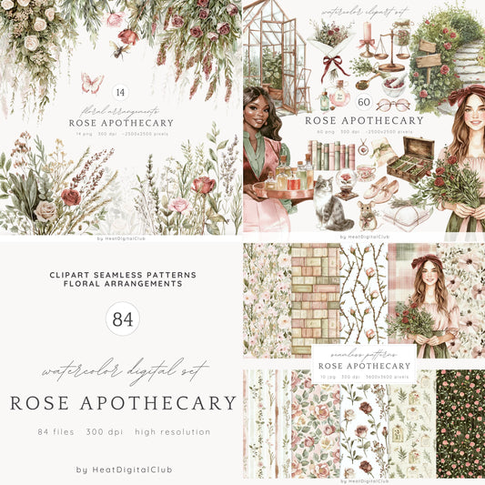 Rose Apothecary – Collection Bundle, Vintage, Herbs, Bottles, Natural | 84 PNG/JPEG