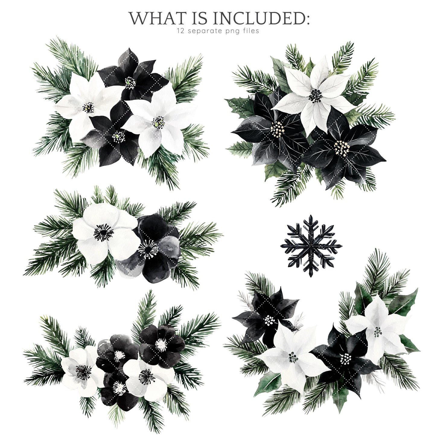 Black and White Holidays - Winter Floral Arrangement Clipart, Cozy Christmas | 12 PNG