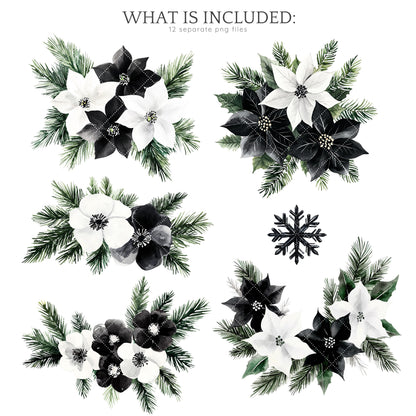 Black and White Holidays - Winter Floral Arrangement Clipart, Cozy Christmas | 12 PNG