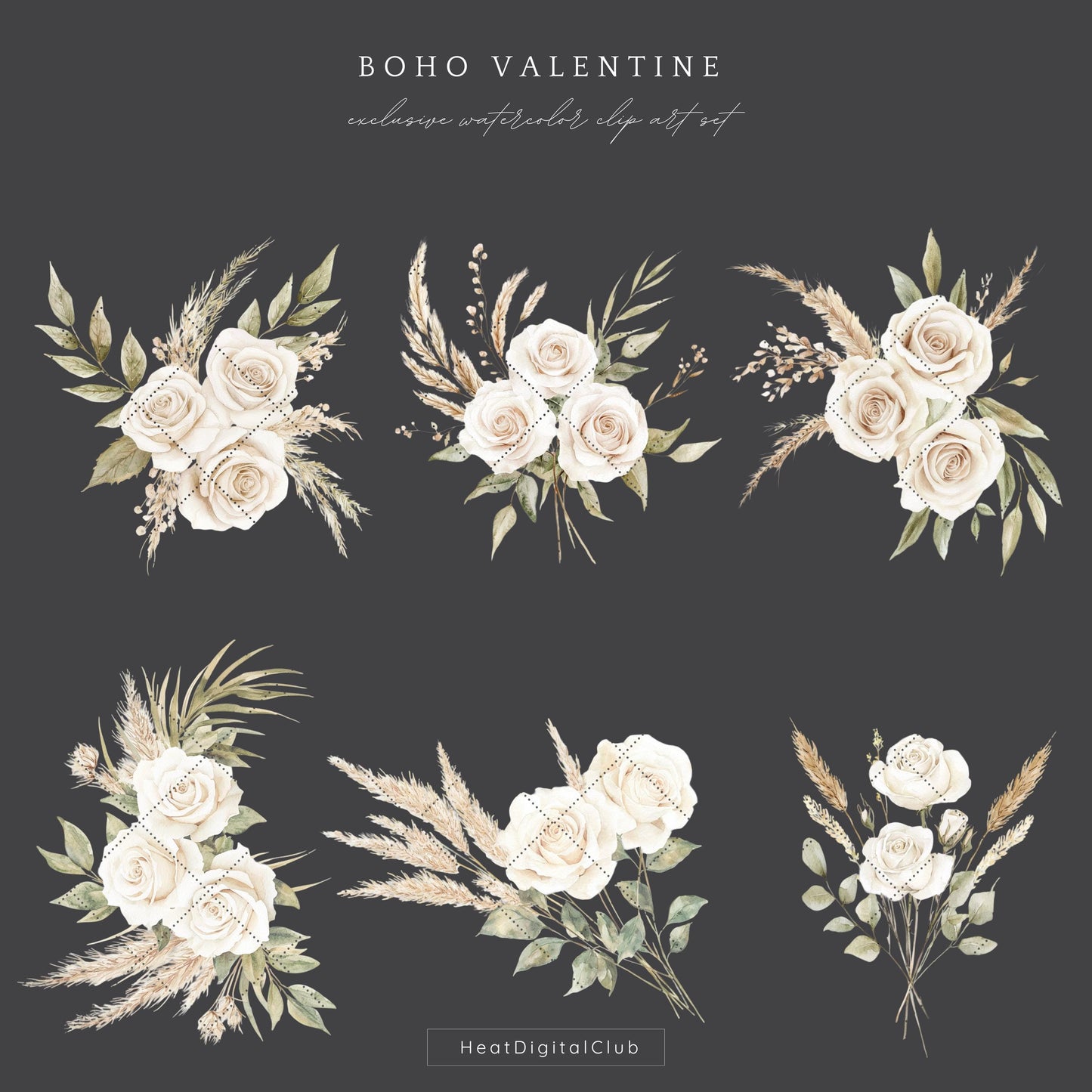 Boho Valentine - Floral Arrangements Clipart, White Roses, Rustic Rose | 12 PNG