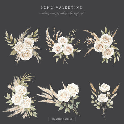 Boho Valentine - Floral Arrangements Clipart, White Roses, Rustic Rose | 12 PNG