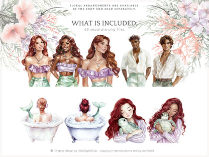 Modern Ariel - Mermaid Clip Art Set | 60 PNG