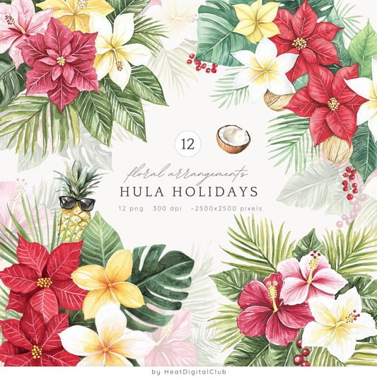 Hula Holidays - Floral Arrangement, Hawaiian Christmas Clipart, Winter | 12 PNG