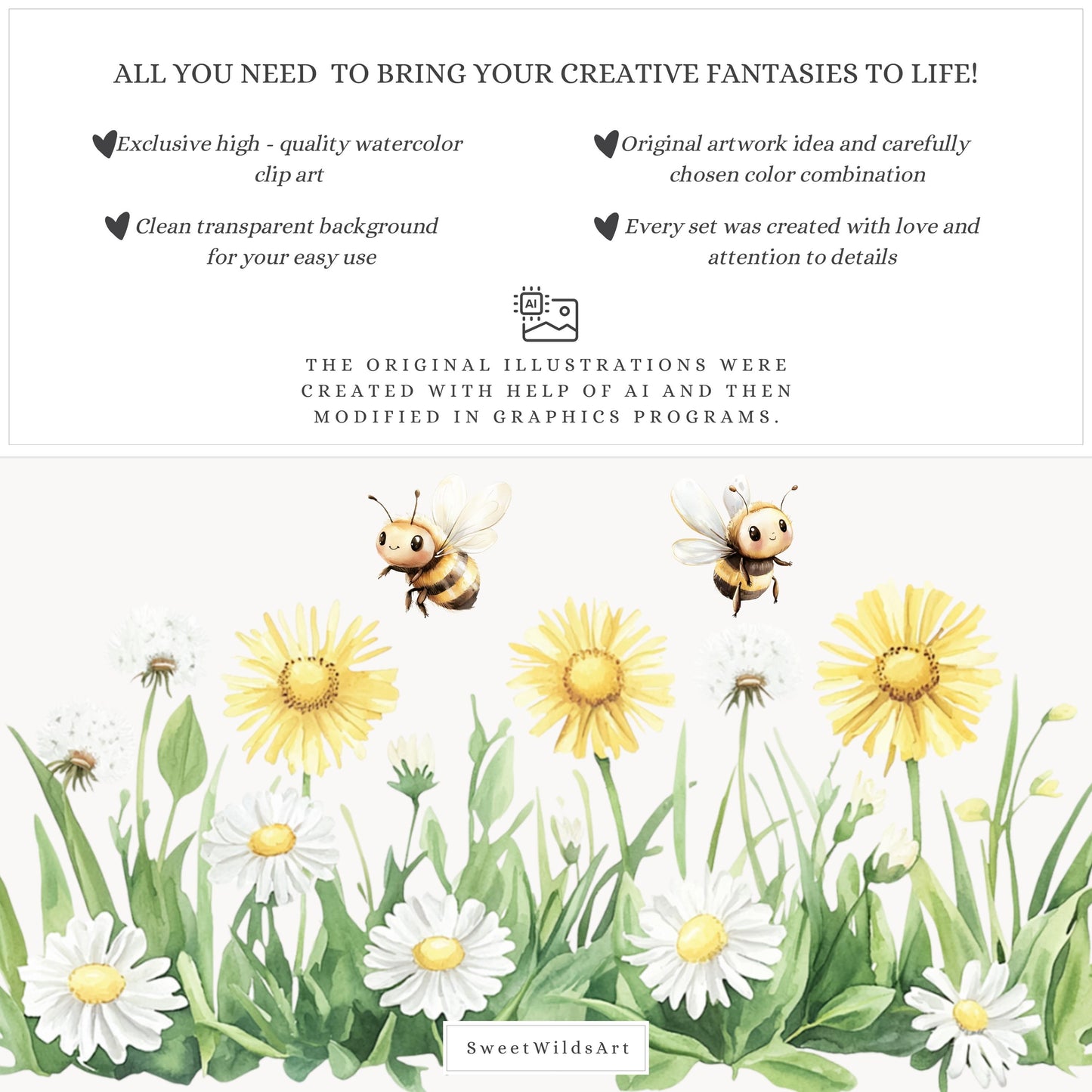 Honey Garden - Floral Arrangements, Daisies, Dandelions, Bees and Honey | 16 PNG