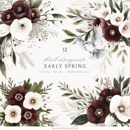 Early Spring - Floral Arrangements Clipart, Moody Flowers | 12 PNG