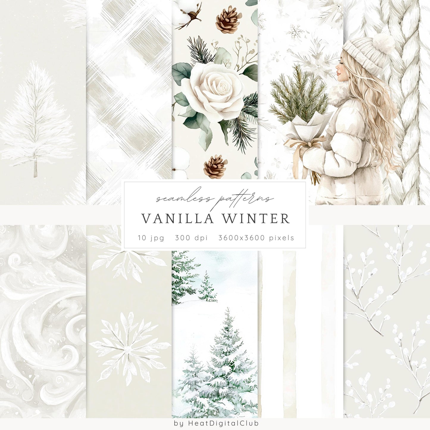 Vanilla Winter - Seamless Patterns, Cozy, Snowflakes | 10 JPEG