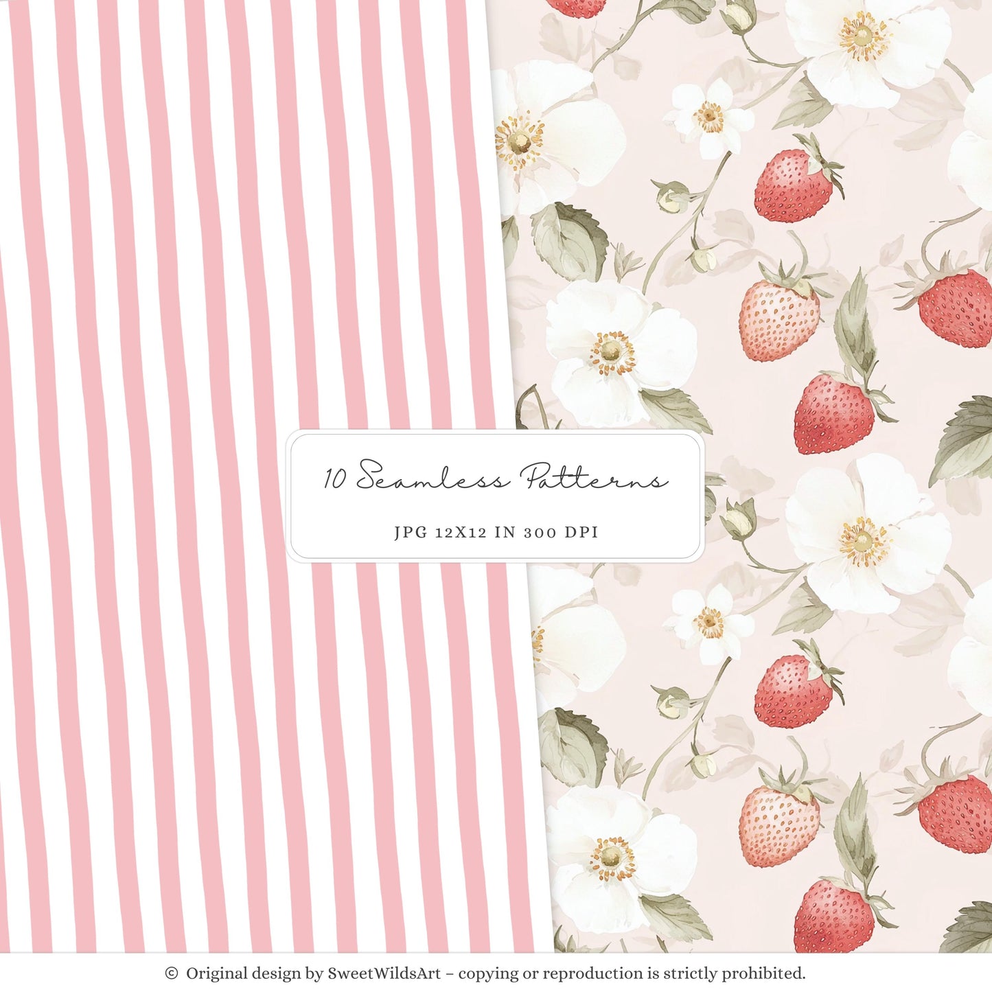 Sweet Strawberry - Seamless Patterns, Berry, Strawberry | 10 JPEG