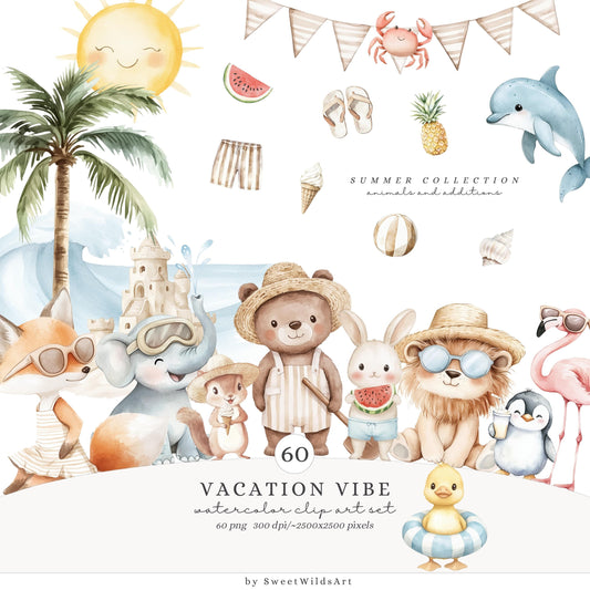 Vacation Vibe - Cute Beach Animals, Ocean Nursery Clipart, Vacation | 60 PNG