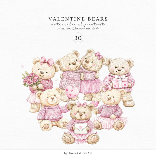 Valentine Bears - Cute Valentines Day, Love Clipart, Baby Bear, Romantic | 30 PNG