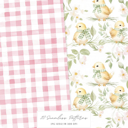 Happy Easter - Seamless Patterns, Gingham Plaid, Flowers, Bunnies | 10 JPEG