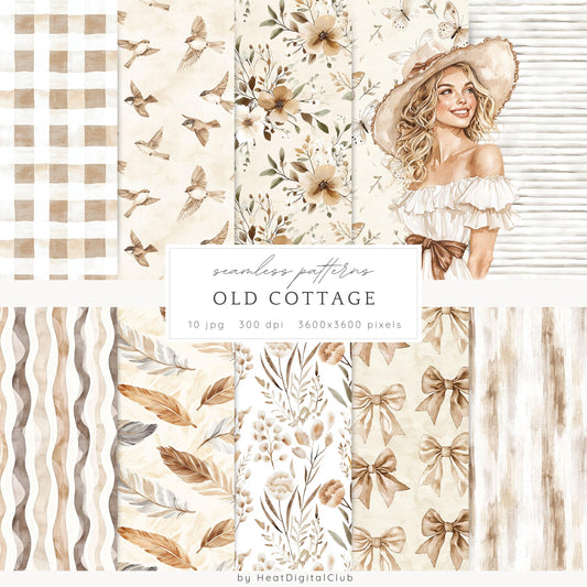 Old Cottage - Seamless Patterns, Floral Rustic, Cottagecore | 10 JPEG