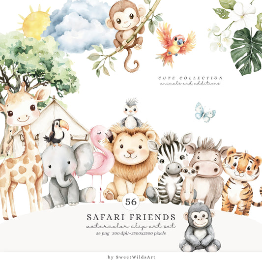 Safari Friends - Cute Animals Clipart, Baby Shower, Nursery, Boho Tropical | 56 PNG