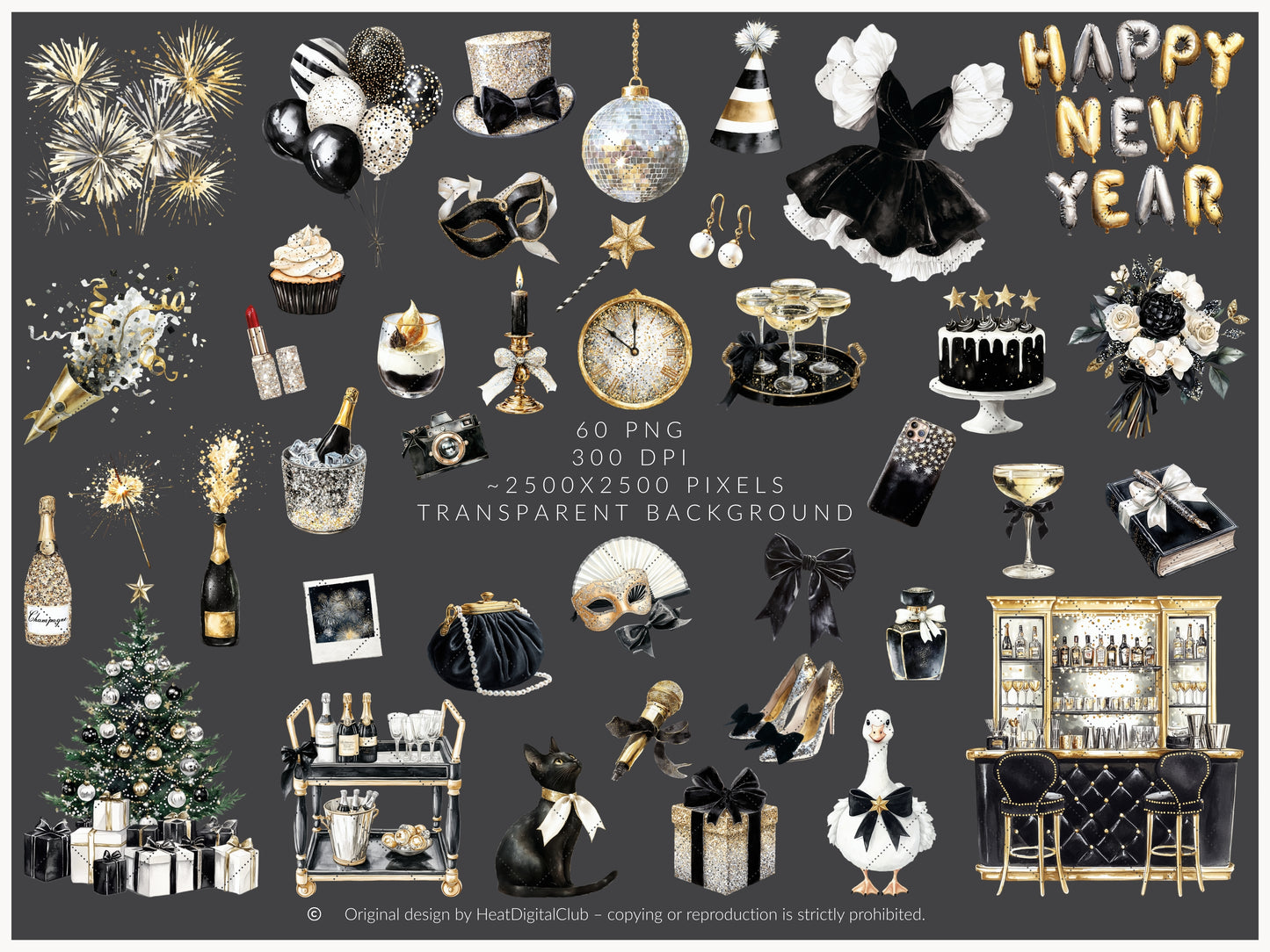 Happy New Year - Clipart, Black Gold Silver Party,  Balloons Champagne, Holiday | 60 PNG