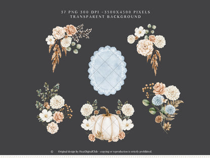 Gentle Fall - Floral Arrangements Clipart, Neutral Floral Autumn, Beige Flowers, Fall Botanical Elements, Pumpkins | 37 PNG