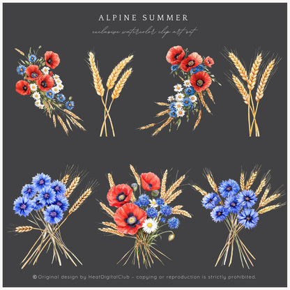 Alpine Summer - Floral Arrangements Clipart, Poppies and Cornflowers | 12 PNG