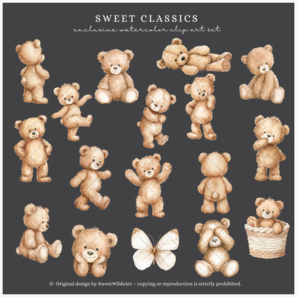 Sweet Classics - Teddy Bear Clipart, Pastel Birthday Bears Toys, Cute Baby Animals, Sweet Nursery | 60 PNG
