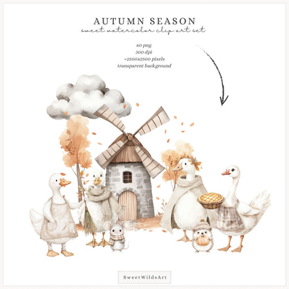 Autumn Season - Cute Fall Silly Goose, Cozy, Kids Clipart, Baby Shower | 60 PNG