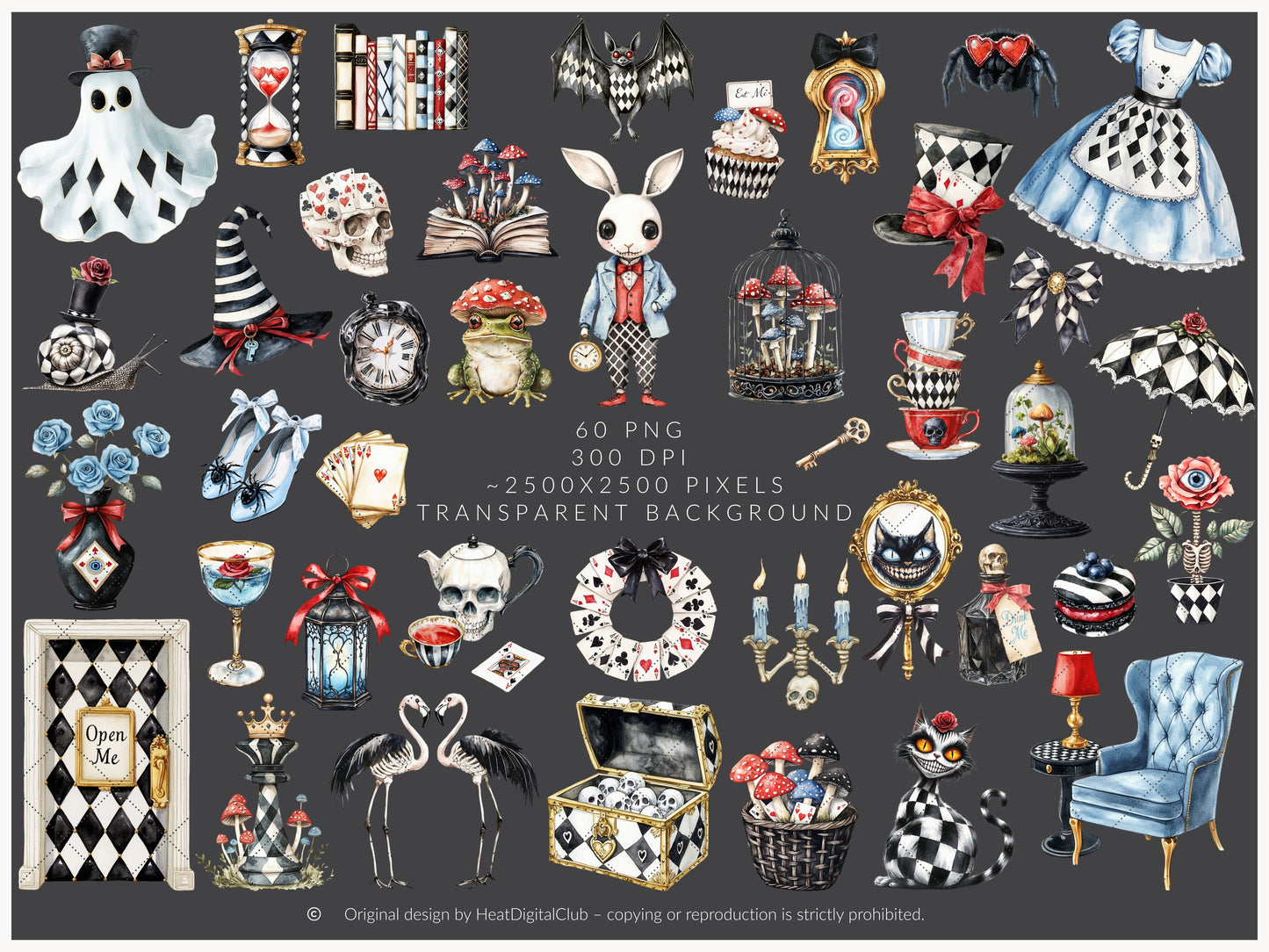 Haunted Alice - Halloween Clipart, Gothic Wonderland, Cheshire Cat, Flamingos | 60 PNG