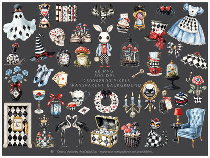 Haunted Alice - Halloween Clipart, Gothic Wonderland, Cheshire Cat, Flamingos | 60 PNG