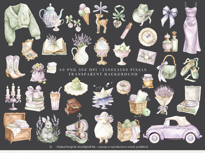 Pistachio Lavender - Clipart, French Countryside Aesthetic, Lavender Field, Romantic Spring | 60 PNG