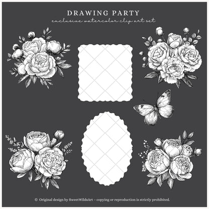 Drawing Party - Floral Line Art, Flowers Clipart, Black and White Peony | 14 PNG