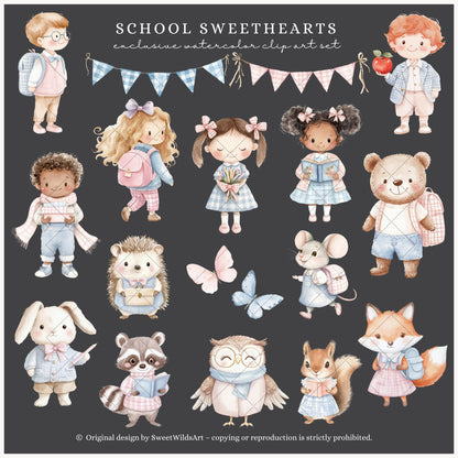 School Sweethearts - Back to School, Grandmillennial, Cute Kids and Animals | 55 PNG
