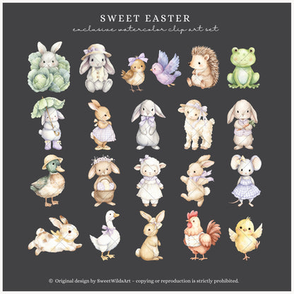 Sweet Easter - Cute Baby Animals Clipart, Bunny, Goose,Pastel Spring Nursery, Cottagecore | 66 PNG