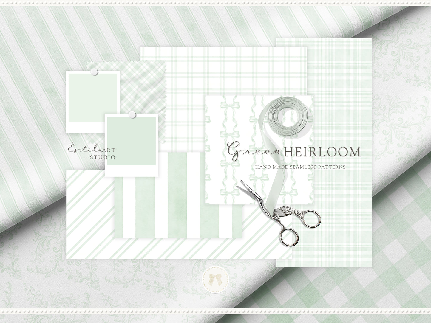 Green Heirloom - Seamless Patterns, Classic Stripe Gingham Damask Bows, Elegant Digital Paper | 20 JPEG