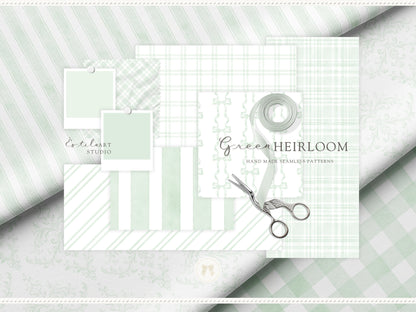 Green Heirloom - Seamless Patterns, Classic Stripe Gingham Damask Bows, Elegant Digital Paper | 20 JPEG