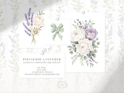 Pistachio Lavender - Floral Arrangements Clipart, Ivory Peony & Lavender Bouquet, Spring French Botanical | 20 PNG