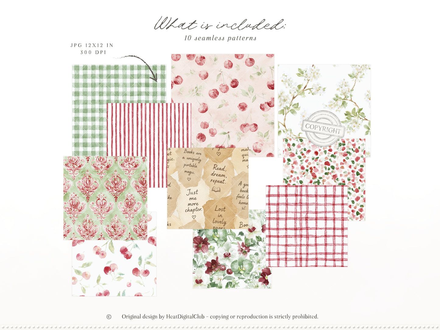 Cherry Book Club - Clipart, Bookish , Reading Girl, Matcha Latte, Cherries, Vintage Books, Seamless Patterns | 90 PNG/JPEG