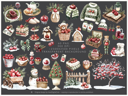 Winter Pomegranate - Clipart Set,  Holiday Fruits, Cozy, Rustic Xmas | 60 PNG