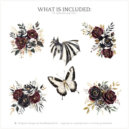 Dark Circus - Floral Arrangements Clipart, Gothic Rose, Halloween Bouquets | 12 PNG