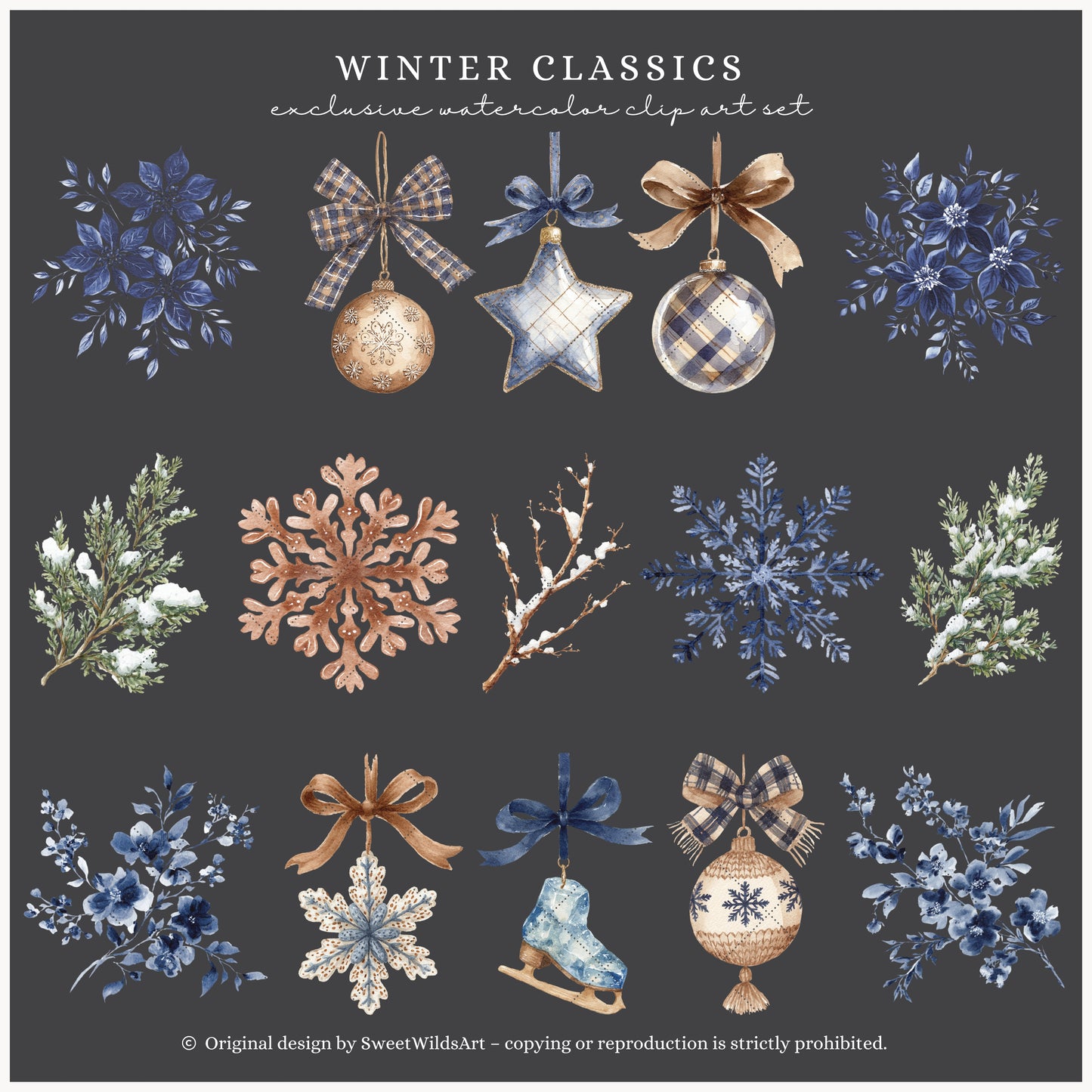 Winter Classics - Floral Arrangements Clipart, Blue Brown Peonies, Snowy Greenery | 30 PNG
