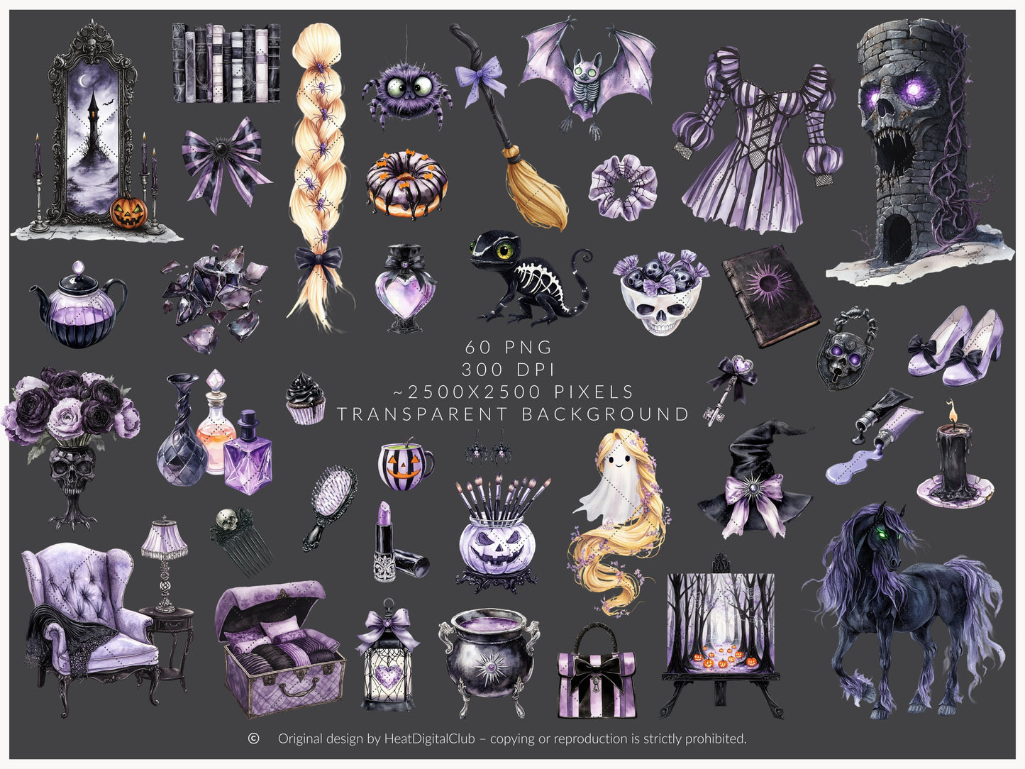 Haunted Rapunzel - Watercolor Clipart Set, Fairytale Gothic Halloween | 60 PNG