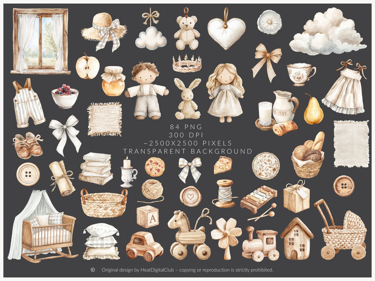 Rustic Atelier - Clipart Set, Cottagecore Plush Toys, French Country Nursery, Neutral Baby | 84 PNG
